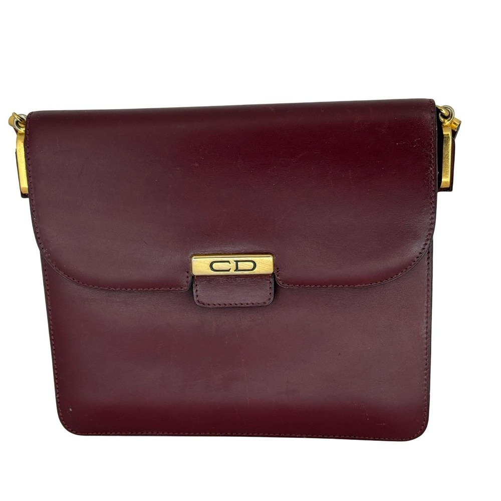 Vintage‎ Christian Dior Burgundy Leather Shoulder Box Bag CD Gold Accordion Flap - Picture 2 of 12